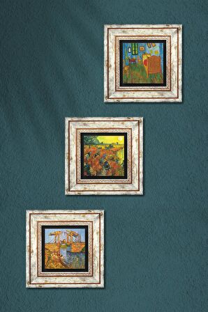 Van Gogh Taş Duvar Tablosu Çerçeveli Duvar Dekoru 3 Parça Tablo Seti Wall Art