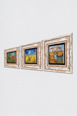 Van Gogh Taş Duvar Tablosu Çerçeveli Duvar Dekoru 3 Parça Tablo Seti Wall Art