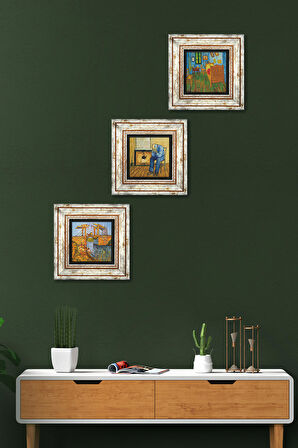 Van Gogh Taş Duvar Tablosu Çerçeveli Duvar Dekoru 3 Parça Tablo Seti Wall Art