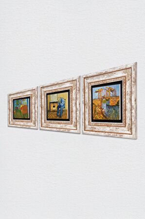 Van Gogh Taş Duvar Tablosu Çerçeveli Duvar Dekoru 3 Parça Tablo Seti Wall Art