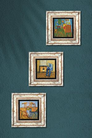 Van Gogh Taş Duvar Tablosu Çerçeveli Duvar Dekoru 3 Parça Tablo Seti Wall Art