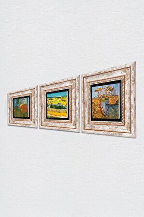 Van Gogh Taş Duvar Tablosu Çerçeveli Duvar Dekoru 3 Parça Tablo Seti Wall Art
