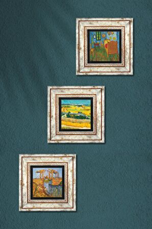 Van Gogh Taş Duvar Tablosu Çerçeveli Duvar Dekoru 3 Parça Tablo Seti Wall Art