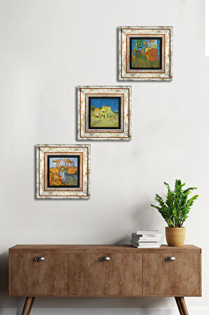 Van Gogh Sarı Ev,ki Yatak Odası, Langlois Köprüsü Taş Duvar Tablosu Çerçeveli Duvar Dekoru 3 Parça Tablo Seti Wall Art