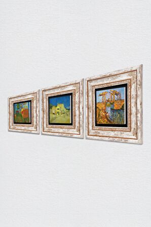 Van Gogh Sarı Ev,ki Yatak Odası, Langlois Köprüsü Taş Duvar Tablosu Çerçeveli Duvar Dekoru 3 Parça Tablo Seti Wall Art