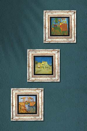 Van Gogh Sarı Ev,ki Yatak Odası, Langlois Köprüsü Taş Duvar Tablosu Çerçeveli Duvar Dekoru 3 Parça Tablo Seti Wall Art