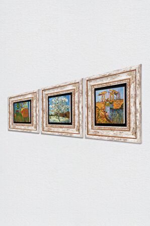Van Gogh Taş Duvar Tablosu Çerçeveli Duvar Dekoru 3 Parça Tablo Seti Wall Art