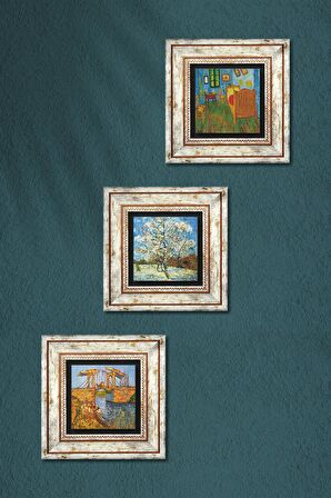 Van Gogh Taş Duvar Tablosu Çerçeveli Duvar Dekoru 3 Parça Tablo Seti Wall Art