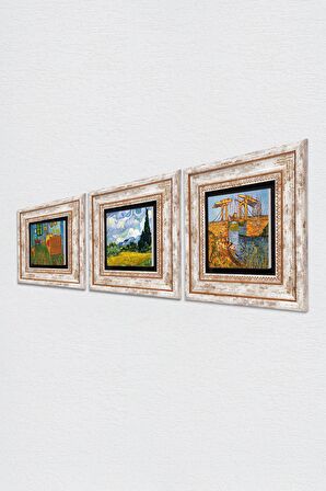 Van Gogh Taş Duvar Tablosu Çerçeveli Duvar Dekoru 3 Parça Tablo Seti Wall Art