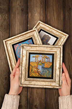 Van Gogh Taş Duvar Tablosu Çerçeveli Duvar Dekoru 3 Parça Tablo Seti Wall Art