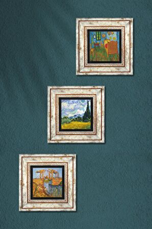 Van Gogh Taş Duvar Tablosu Çerçeveli Duvar Dekoru 3 Parça Tablo Seti Wall Art