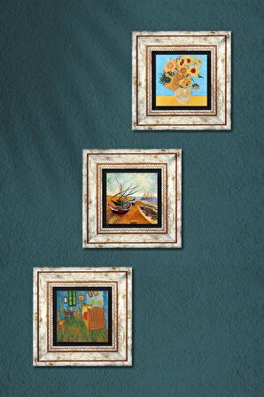 Van Gogh Taş Duvar Tablosu Çerçeveli Duvar Dekoru 3 Parça Tablo Seti Wall Art