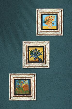 Van Gogh Süsenler,ki Yatak Odası, On İki Ayçiçekli Vazo Taş Duvar Tablosu Çerçeveli Duvar Dekoru 3 Parça Tablo Seti Wall Art