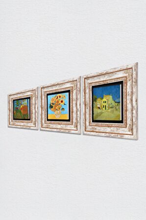 Van Gogh Sarı Ev,ki Yatak Odası, On İki Ayçiçekli Vazo Taş Duvar Tablosu Çerçeveli Duvar Dekoru 3 Parça Tablo Seti Wall Art