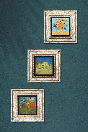 Van Gogh Sarı Ev,ki Yatak Odası, On İki Ayçiçekli Vazo Taş Duvar Tablosu Çerçeveli Duvar Dekoru 3 Parça Tablo Seti Wall Art