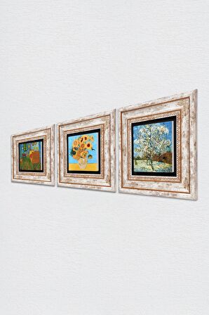 Van Gogh Taş Duvar Tablosu Çerçeveli Duvar Dekoru 3 Parça Tablo Seti Wall Art