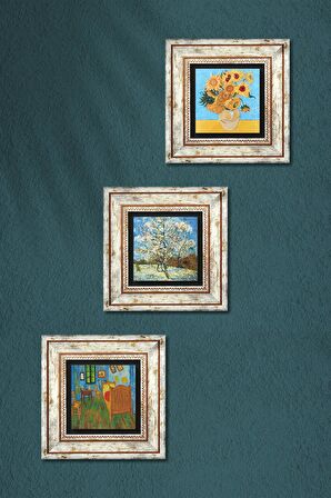 Van Gogh Taş Duvar Tablosu Çerçeveli Duvar Dekoru 3 Parça Tablo Seti Wall Art