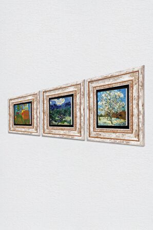 Van Gogh Taş Duvar Tablosu Çerçeveli Duvar Dekoru 3 Parça Tablo Seti Wall Art