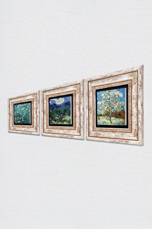 Van Gogh Zeytin Ağaçları, Pembe Şeftali Ağacı, Badem Ağacı Taş Duvar Tablosu Çerçeveli Duvar Dekoru 3 Parça Tablo Seti Wall Art