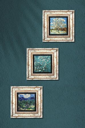 Van Gogh Zeytin Ağaçları, Pembe Şeftali Ağacı, Badem Ağacı Taş Duvar Tablosu Çerçeveli Duvar Dekoru 3 Parça Tablo Seti Wall Art