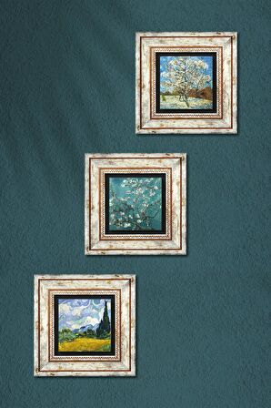 Van Gogh Taş Duvar Tablosu Çerçeveli Duvar Dekoru 3 Parça Tablo Seti Wall Art