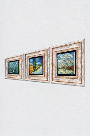 Van Gogh Taş Duvar Tablosu Çerçeveli Duvar Dekoru 3 Parça Tablo Seti Wall Art