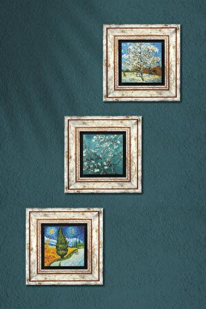 Van Gogh Taş Duvar Tablosu Çerçeveli Duvar Dekoru 3 Parça Tablo Seti Wall Art