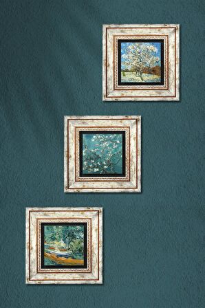 Van Gogh Taş Duvar Tablosu Çerçeveli Duvar Dekoru 3 Parça Tablo Seti Wall Art