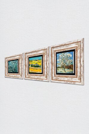 Van Gogh Taş Duvar Tablosu Çerçeveli Duvar Dekoru 3 Parça Tablo Seti Wall Art
