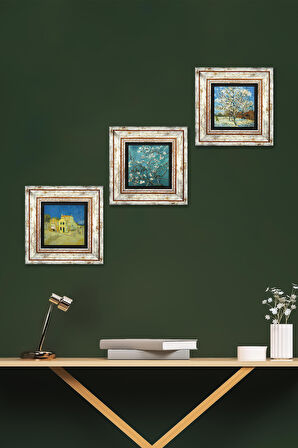 Van Gogh Şeftali Ağacı, Sarı Ev, Badem Ağacı Taş Duvar Tablosu Çerçeveli Duvar Dekoru 3 Parça Tablo Seti Wall Art