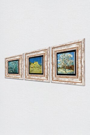 Van Gogh Şeftali Ağacı, Sarı Ev, Badem Ağacı Taş Duvar Tablosu Çerçeveli Duvar Dekoru 3 Parça Tablo Seti Wall Art