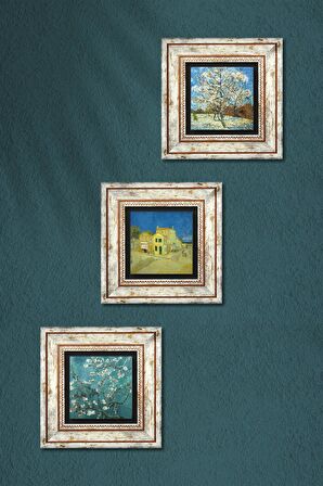 Van Gogh Şeftali Ağacı, Sarı Ev, Badem Ağacı Taş Duvar Tablosu Çerçeveli Duvar Dekoru 3 Parça Tablo Seti Wall Art