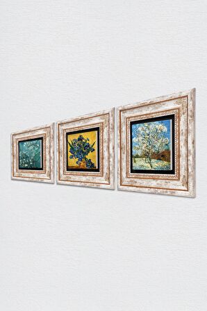 Van Gogh Şeftali Ağacı, Süsenler, Badem Ağacı Taş Duvar Tablosu Çerçeveli Duvar Dekoru 3 Parça Tablo Seti Wall Art