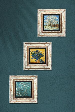 Van Gogh Şeftali Ağacı, Süsenler, Badem Ağacı Taş Duvar Tablosu Çerçeveli Duvar Dekoru 3 Parça Tablo Seti Wall Art