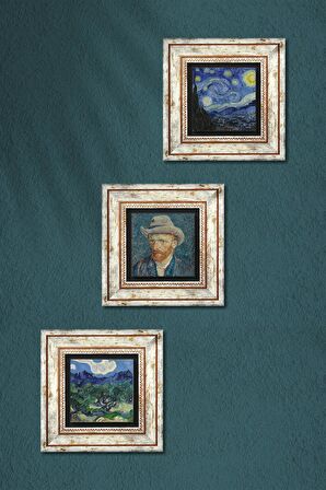 Van Gogh Zeytin Ağaçları, Yıldızlı Gece, Otoportre Taş Duvar Tablosu Çerçeveli Duvar Dekoru 3 Parça Tablo Seti Wall Art