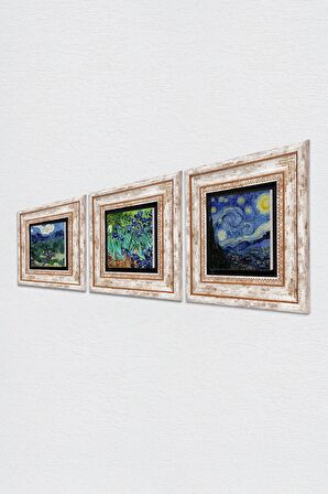 Van Gogh Zeytin Ağaçları, İrisler, Yıldızlı Gece Taş Duvar Tablosu Çerçeveli Duvar Dekoru 3 Parça Tablo Seti Wall Art