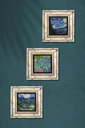 Van Gogh Zeytin Ağaçları, İrisler, Yıldızlı Gece Taş Duvar Tablosu Çerçeveli Duvar Dekoru 3 Parça Tablo Seti Wall Art