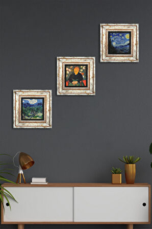 Van Gogh Zeytin Ağaçları, La Berceuse, Yıldızlı Gece Taş Duvar Tablosu Çerçeveli Duvar Dekoru 3 Parça Tablo Seti Wall Art