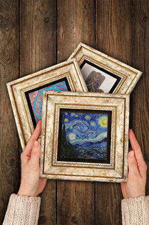 Van Gogh Zeytin Ağaçları, Otoportre, Yıldızlı Gece Taş Duvar Tablosu Çerçeveli Duvar Dekoru 3 Parça Tablo Seti Wall Art