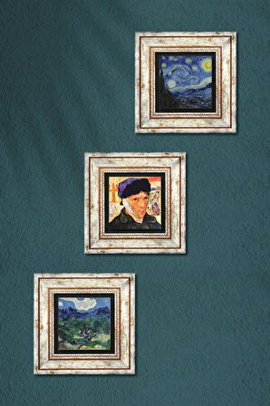 Van Gogh Zeytin Ağaçları, Otoportre, Yıldızlı Gece Taş Duvar Tablosu Çerçeveli Duvar Dekoru 3 Parça Tablo Seti Wall Art