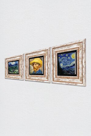 Van Gogh Zeytin Ağaçları, Otoportre, Yıldızlı Gece Taş Duvar Tablosu Çerçeveli Duvar Dekoru 3 Parça Tablo Seti Wall Art