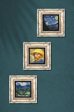 Van Gogh Zeytin Ağaçları, Otoportre, Yıldızlı Gece Taş Duvar Tablosu Çerçeveli Duvar Dekoru 3 Parça Tablo Seti Wall Art