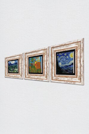 Van Gogh Zeytin Ağaçları,ki Yatak Odası, Yıldızlı Gece Taş Duvar Tablosu Çerçeveli Duvar Dekoru 3 Parça Tablo Seti Wall Art