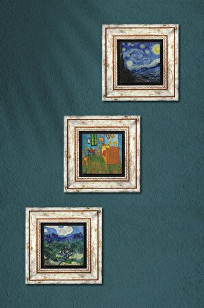 Van Gogh Zeytin Ağaçları,ki Yatak Odası, Yıldızlı Gece Taş Duvar Tablosu Çerçeveli Duvar Dekoru 3 Parça Tablo Seti Wall Art