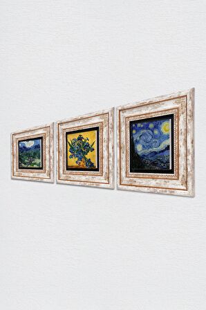 Van Gogh Zeytin Ağaçları, Süsenler, Yıldızlı Gece Taş Duvar Tablosu Çerçeveli Duvar Dekoru 3 Parça Tablo Seti Wall Art