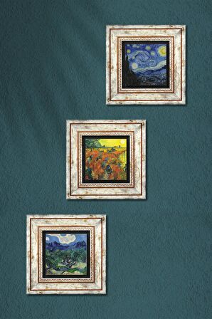 Van Gogh Zeytin Ağaçları, Kırmızı Bağ, Yıldızlı Gece Taş Duvar Tablosu Çerçeveli Duvar Dekoru 3 Parça Tablo Seti Wall Art