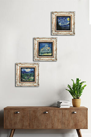 Van Gogh Zeytin Ağaçları, Kilise, Yıldızlı Gece Taş Duvar Tablosu Çerçeveli Duvar Dekoru 3 Parça Tablo Seti Wall Art