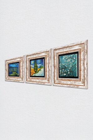 Van Gogh Taş Duvar Tablosu Çerçeveli Duvar Dekoru 3 Parça Tablo Seti Wall Art