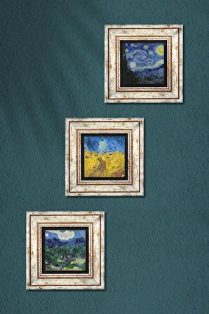 Van Gogh Zeytin Ağaçları, Buğday Tarlası, Yıldızlı Gece Taş Duvar Tablosu Çerçeveli Duvar Dekoru 3 Parça Tablo Seti Wall Art