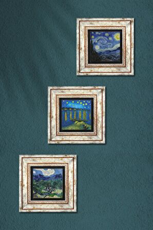 Van Gogh Taş Duvar Tablosu Çerçeveli Duvar Dekoru 3 Parça Tablo Seti Wall Art